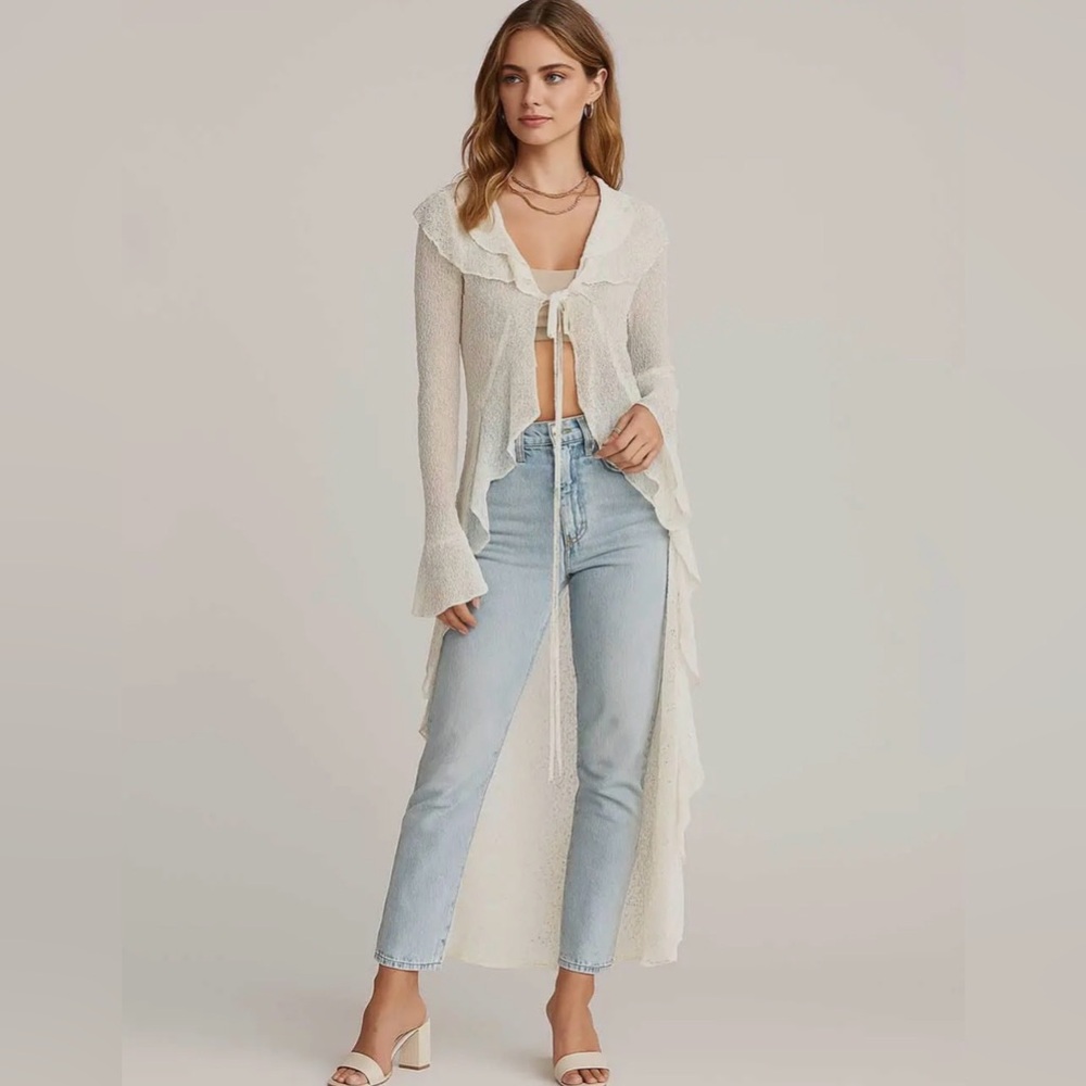 964.ON SALE Cream Lace Duster Cardigan Ruffle Collar & Tie Front